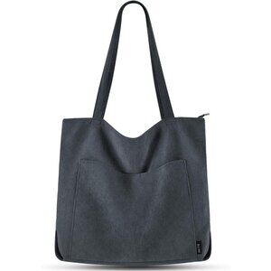 Women Grey Corduroy Large Shoulder Tote Shopping Bag with Zipper and Pockets